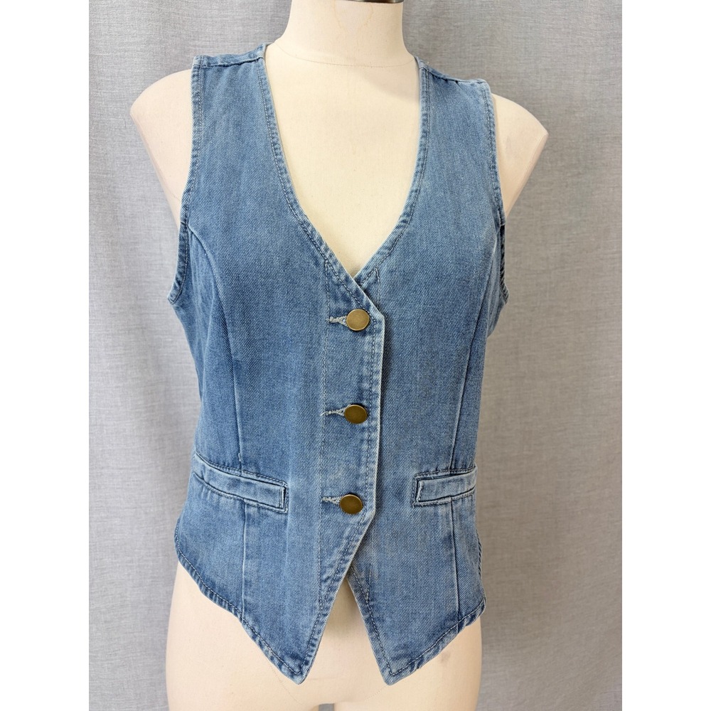 Denim Waistcoat Vest M Light Wash Blue Cinch Back Fitted V Neck Button Front
